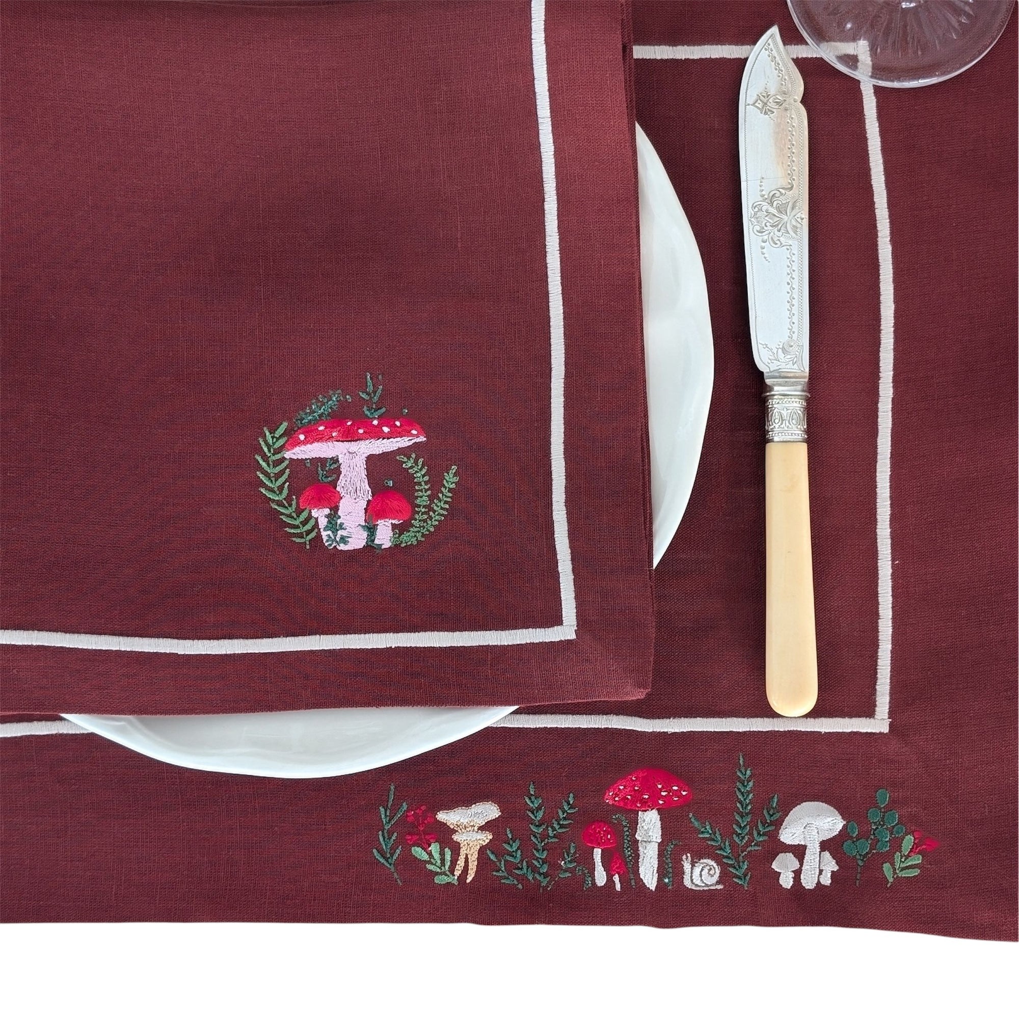 FALL - Mushroom Embroidered Bordeaux Placemat and Napkin Set