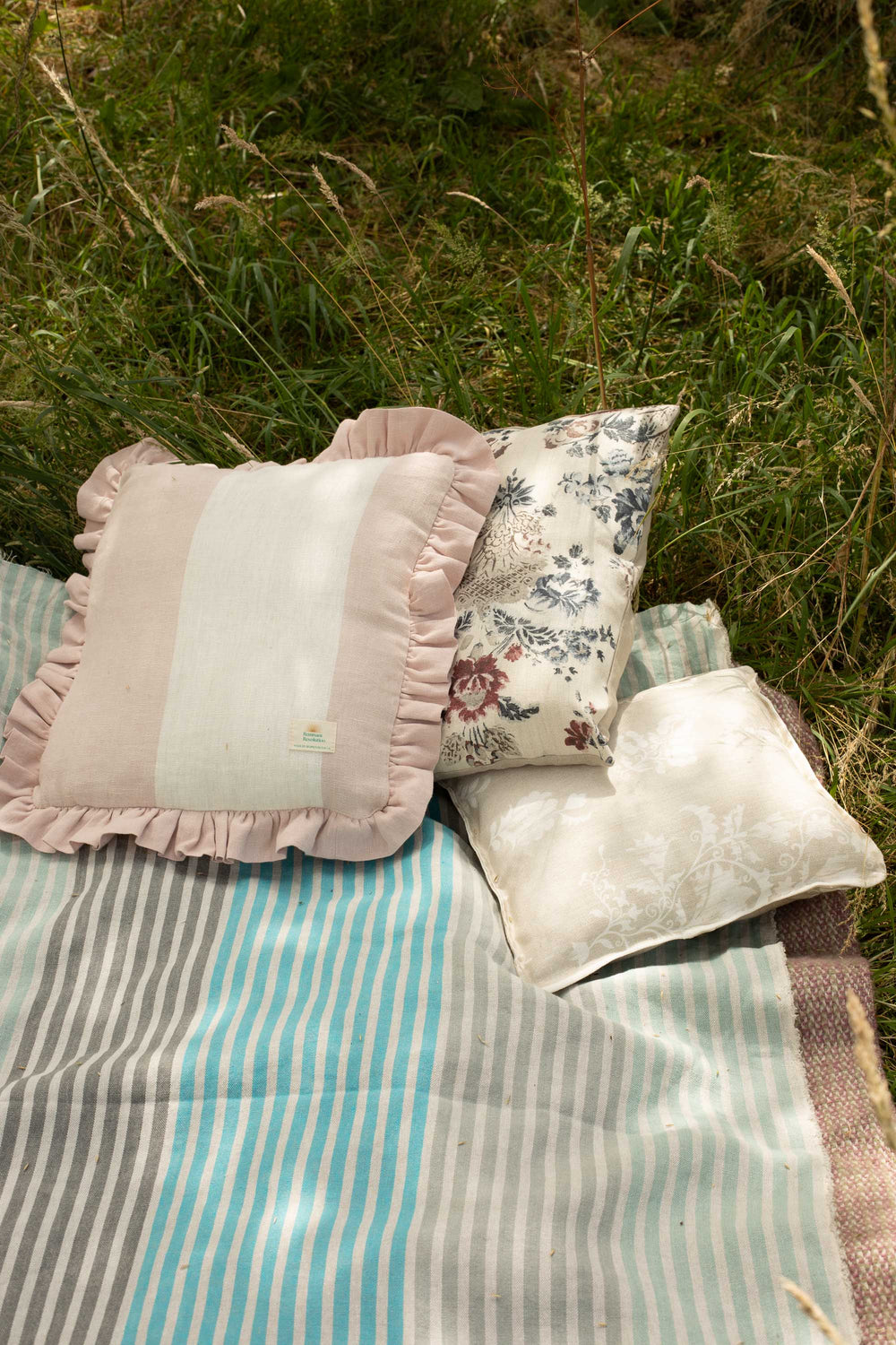 Pink and White Frilled Linen Cushion