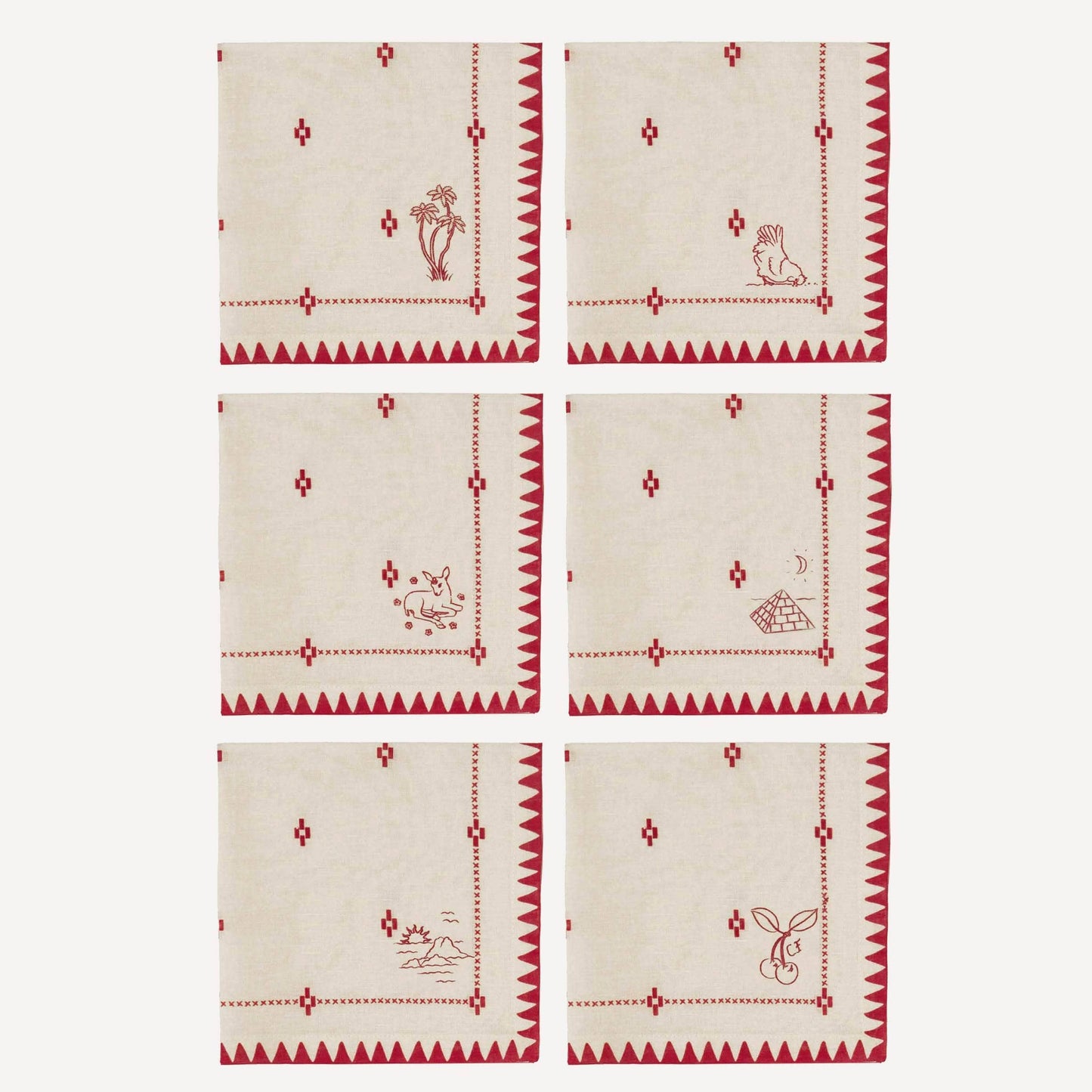 Redwork Napkins in Red- Set of Six