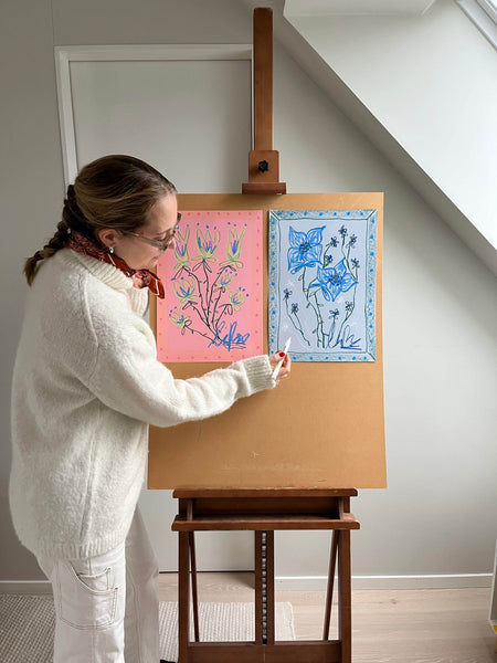 Blue & Green Floral on Pink Background | Original Painting A3