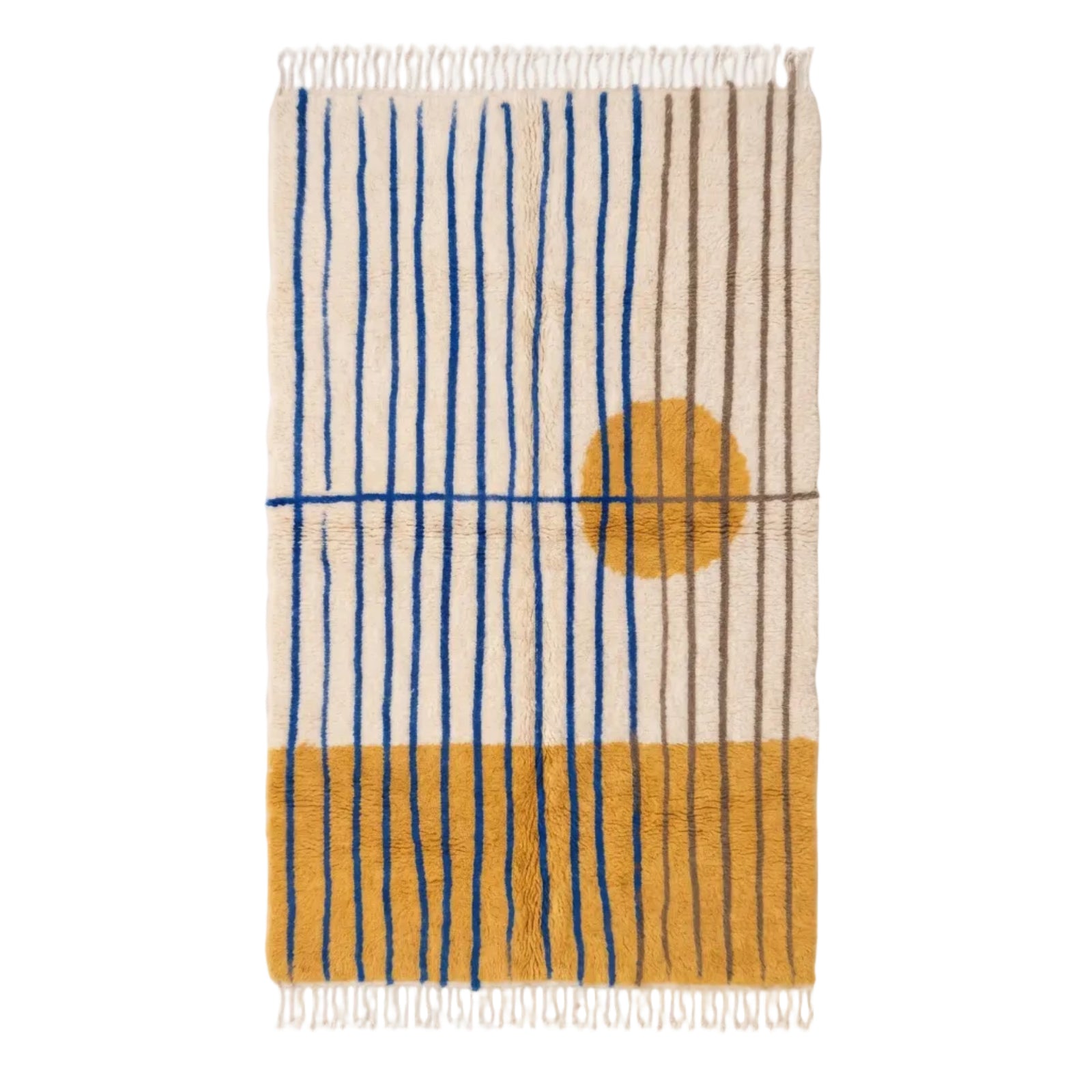 Mediodía hand-knotted Mrirt rug — Natural Cream with Turmeric gold sun circle and Majorelle blue detail — Moussem Mexico Collection