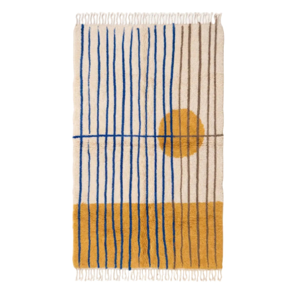 Mediodía hand-knotted Mrirt rug — Natural Cream with Turmeric gold sun circle and Majorelle blue detail — Moussem Mexico Collection