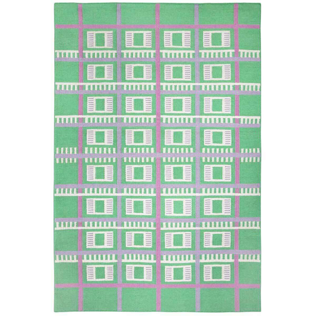Green Labourdonnais Flatweave Rug handwoven with a checkered grid design