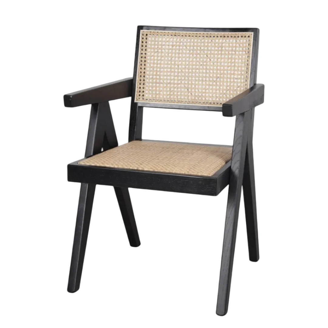 Lagos Black-Finish Solid Elmwood Chair with Rattan Seat and Back
