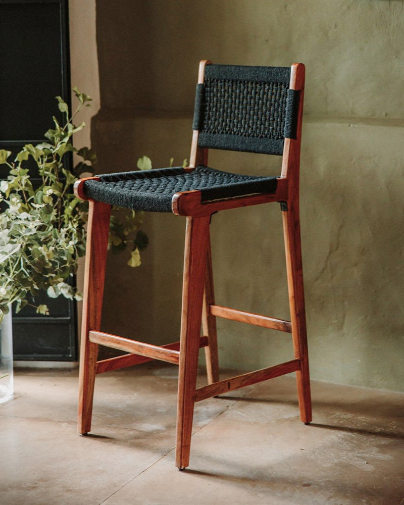 Rhodes Black Solid Tropical Wood Bar Stool with Woven Rope