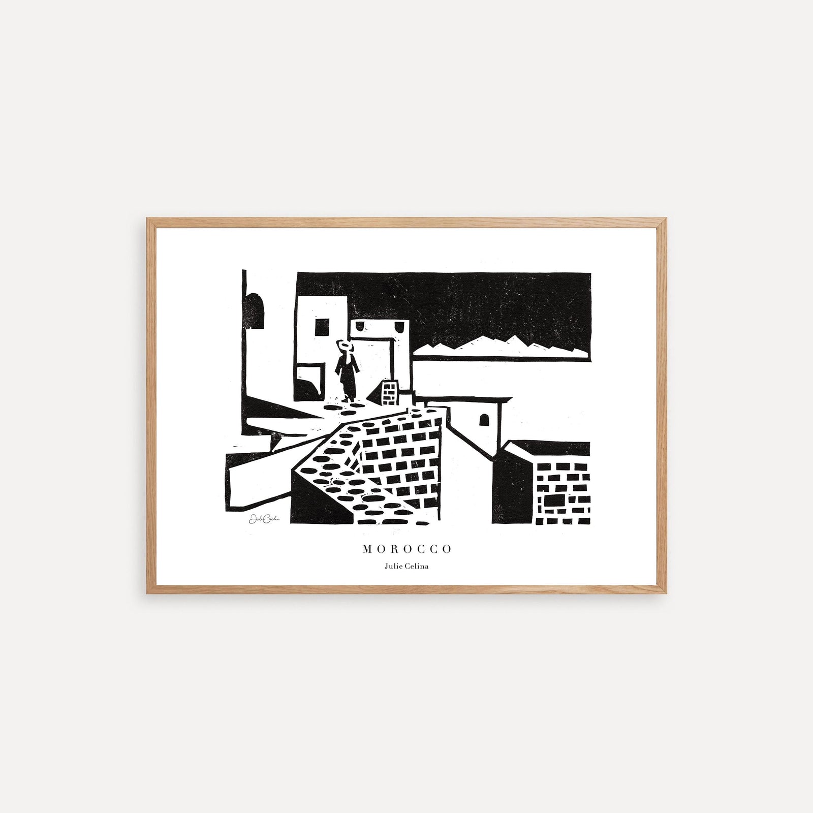 reproduction of a linocut print inspired by Morocco