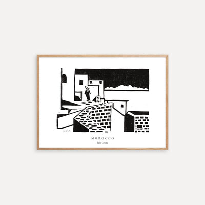 reproduction of a linocut print inspired by Morocco