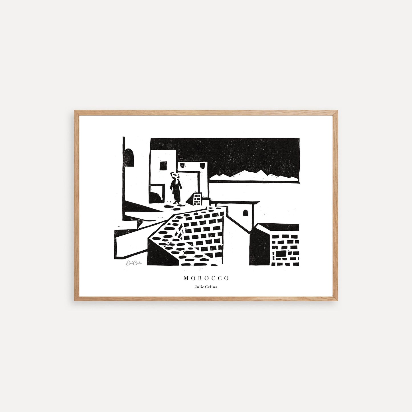 reproduction of a linocut print inspired by Morocco