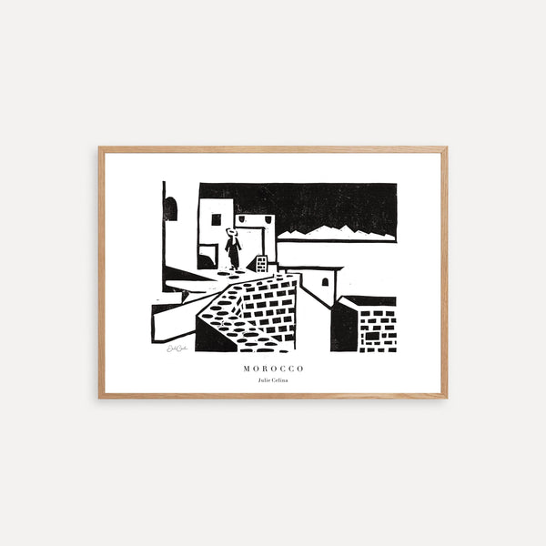 reproduction of a linocut print inspired by Morocco
