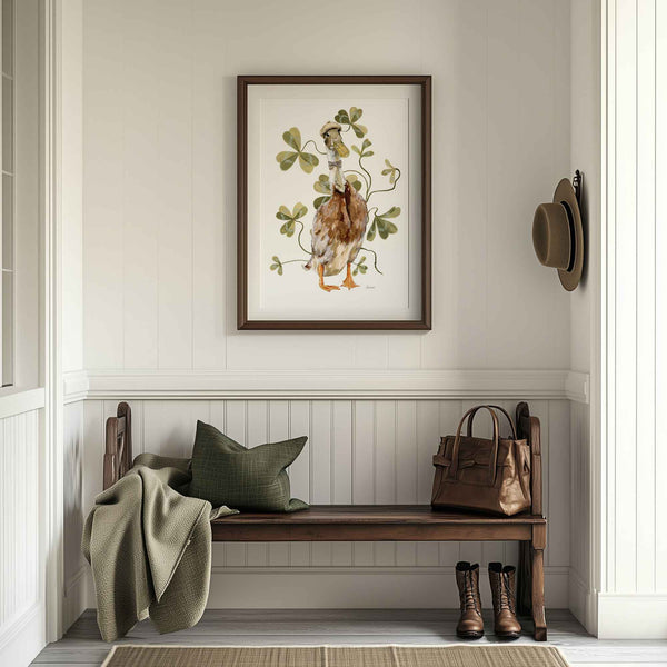 Illustrated indian runner duck wearing vintage tweed bow tie and hat surrounded by clover leaves. Perfect wall art for country vintage inspired home.