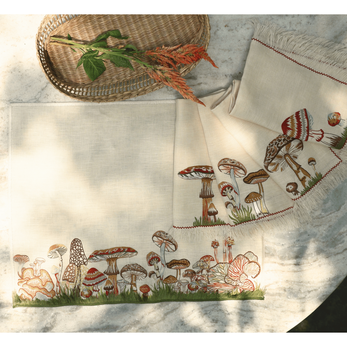 Hand Embroidered Woodland Forage Napkins 18" x 18" (Set of 4)