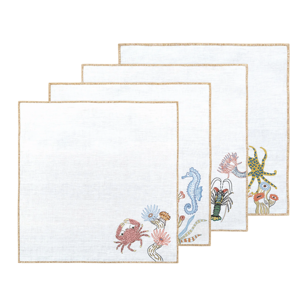 Hand Embroidered Marine Life Napkins 18" x 18" (Set of 4)