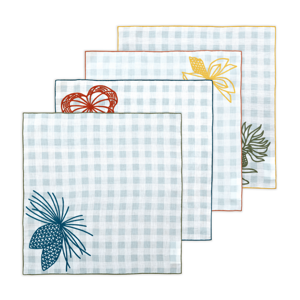 Hand Embroidered Pine and Picnic Napkins 18" x 18" (Set of 4)
