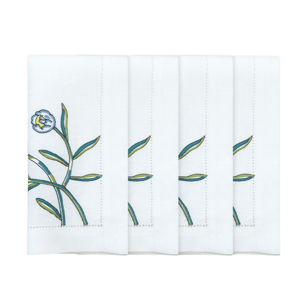 Hand Embroidered Watercolor Bloom Napkins 18" x 18" (Set of 4)