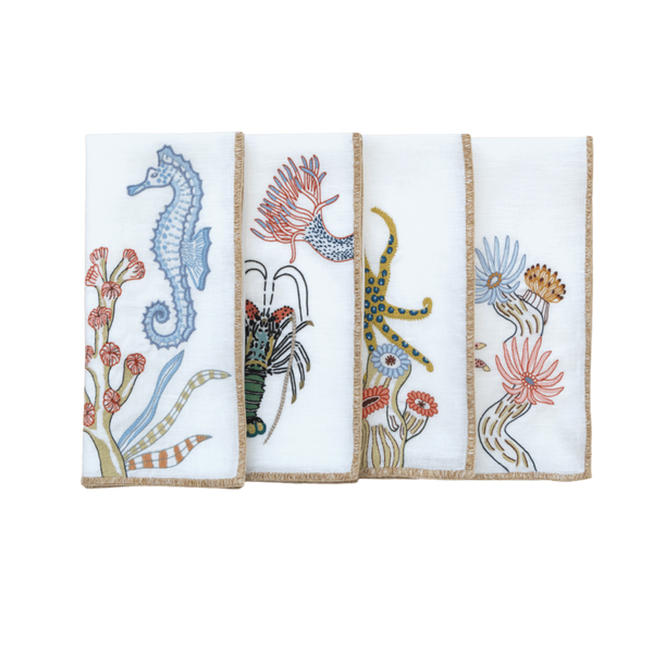 Hand Embroidered Marine Life Napkins 18" x 18" (Set of 4)