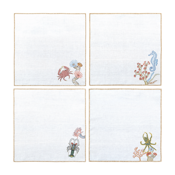 Hand Embroidered Marine Life Napkins 18" x 18" (Set of 4)