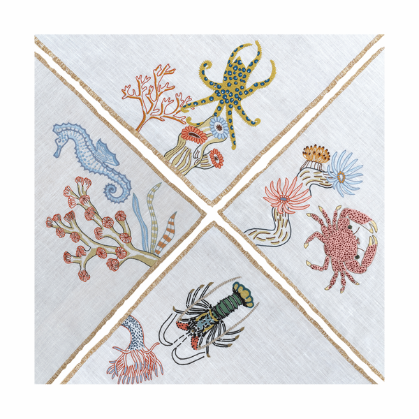 Hand Embroidered Marine Life Napkins 18" x 18" (Set of 4)