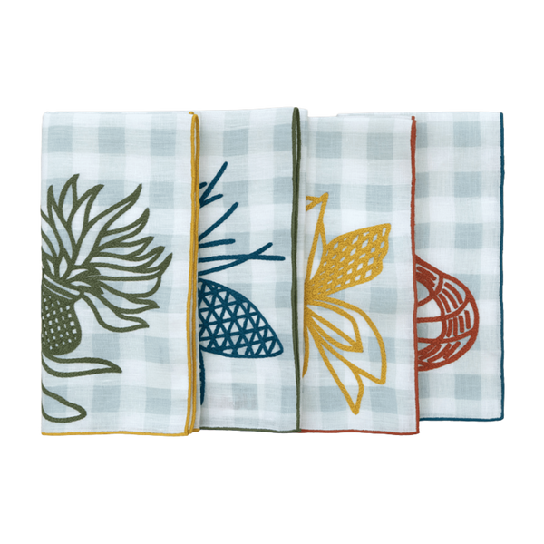 Hand Embroidered Pine and Picnic Napkins 18" x 18" (Set of 4)