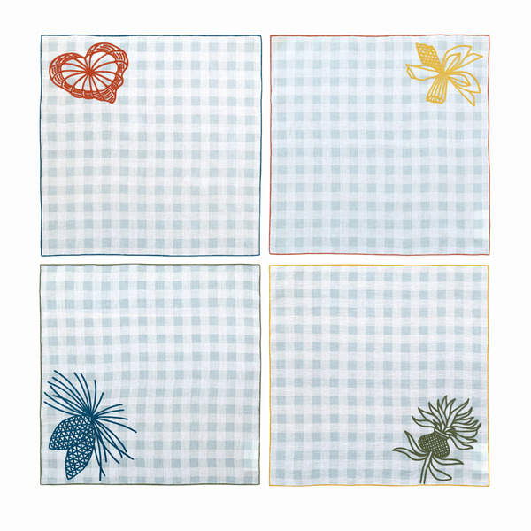 Hand Embroidered Pine and Picnic Napkins 18" x 18" (Set of 4)