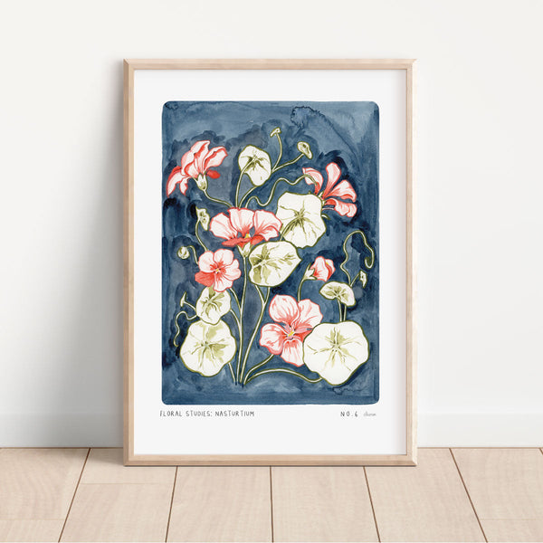 Nasturtium art print, a hand painted navy blue background with olive green leaves and peachy pink nasturtium flower heads. with small text reading  floral studies:nasturtium NO.6