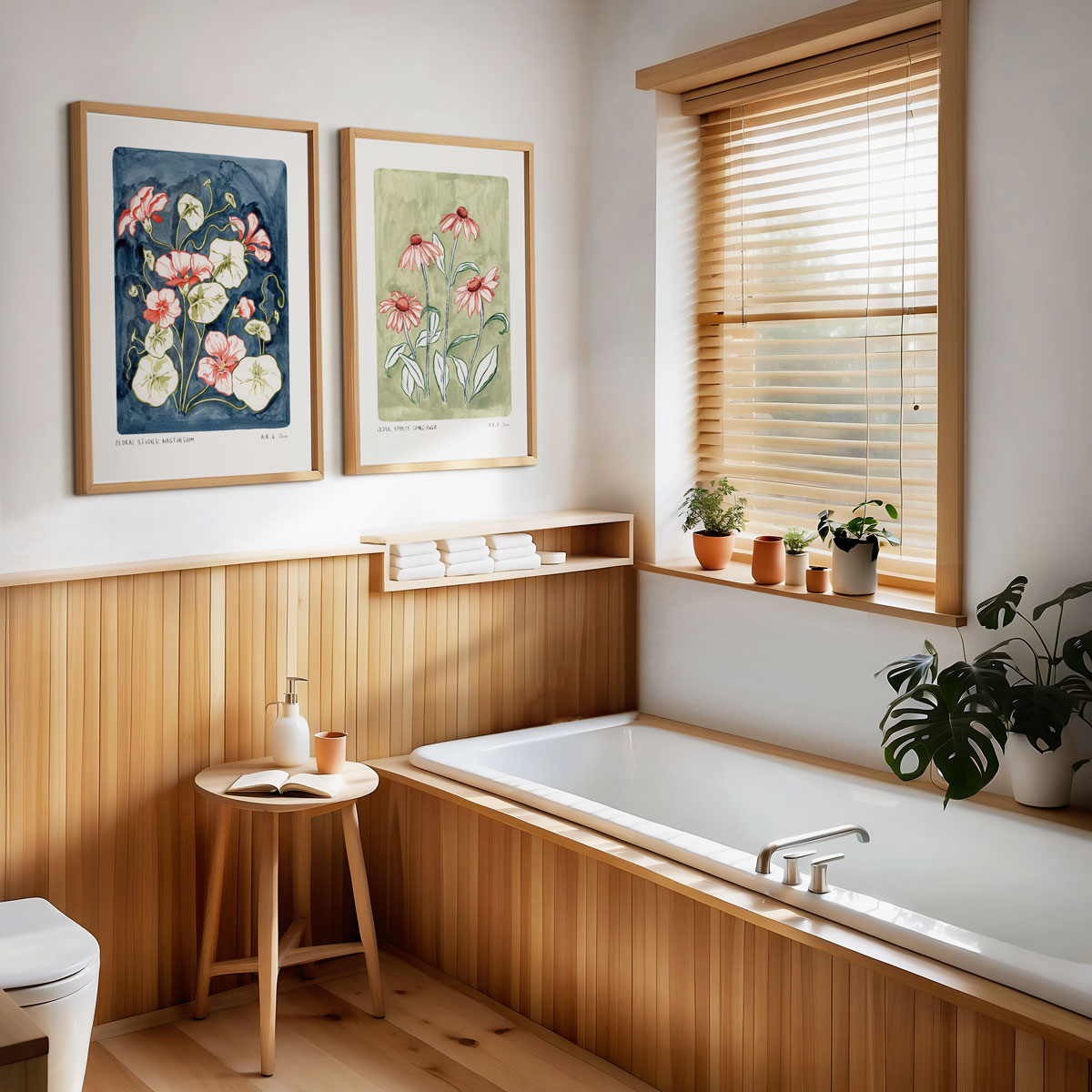 Our nasturtium print styled with our sage green coneflower art print