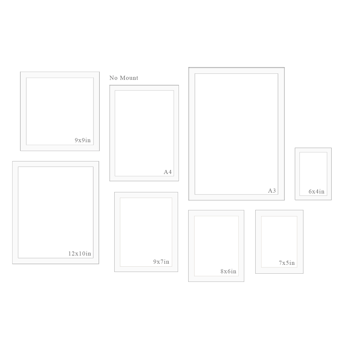 Illustration of various photo frame sizes on a white background
