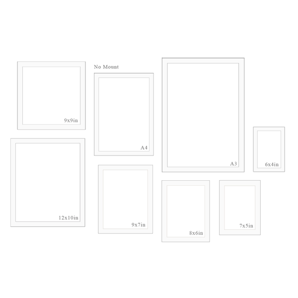 Illustration of various photo frame sizes on a white background