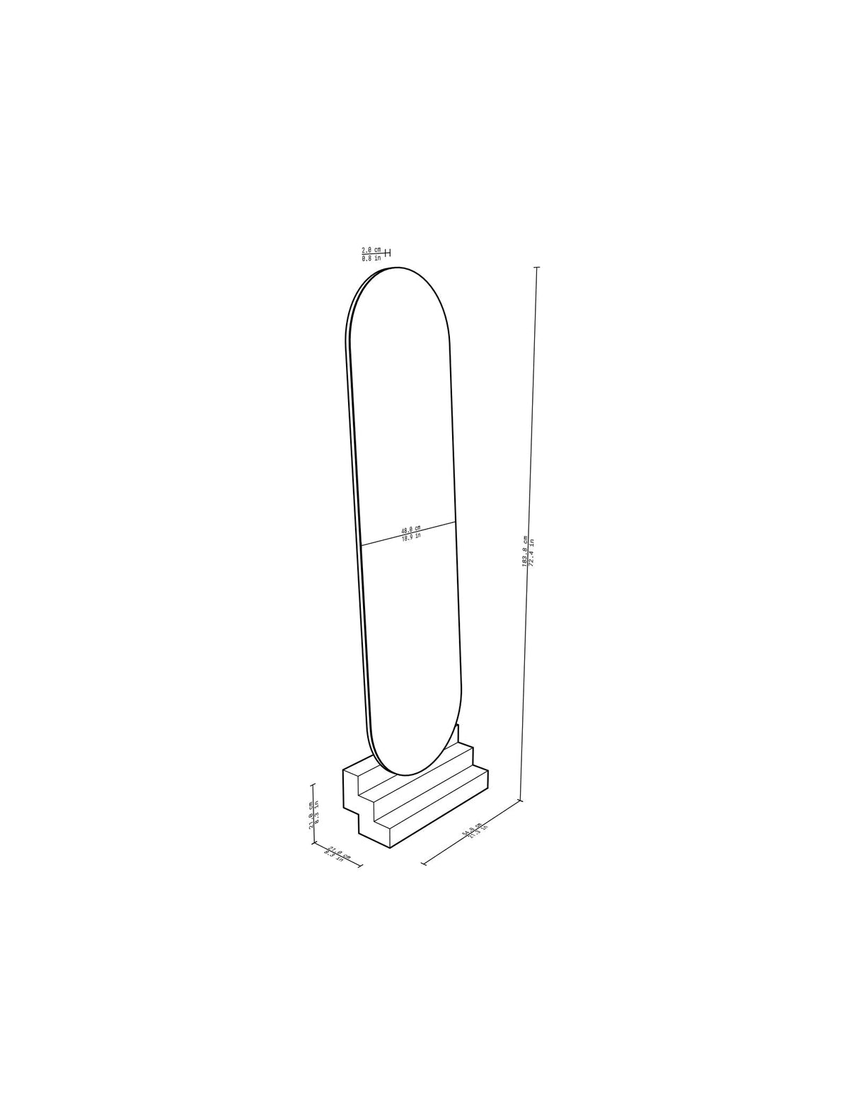 NONCHALANT Mirror L leaning tall modern mirror with rounded edges and secure wall attachment design.