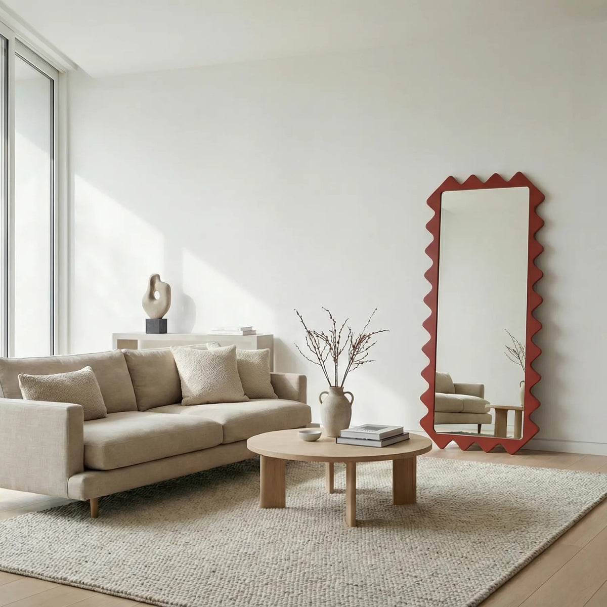 Oberig 114 Sculptural Scalloped Full-Length Red Mirror in Custom Color