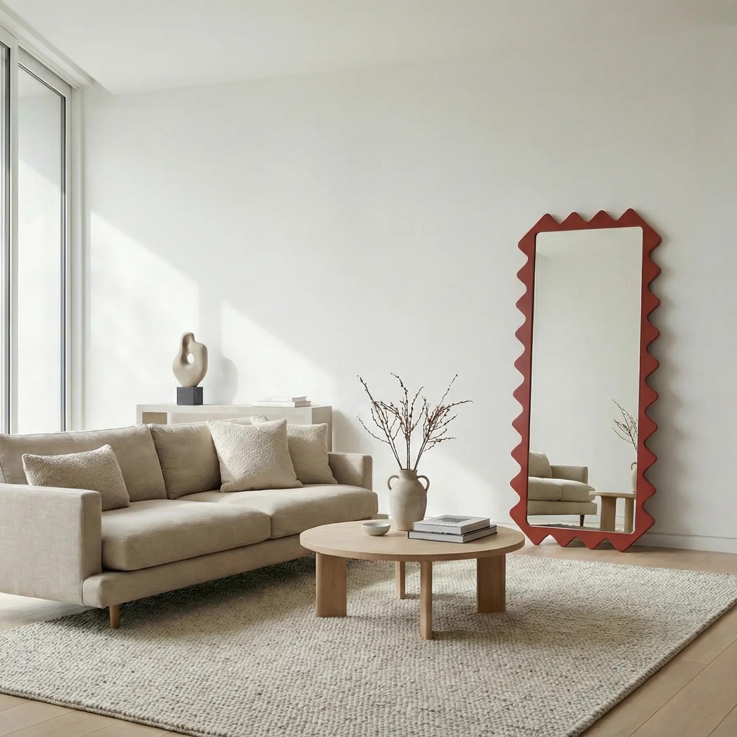 Oberig 114 Sculptural Scalloped Full-Length Red Mirror in Custom Color