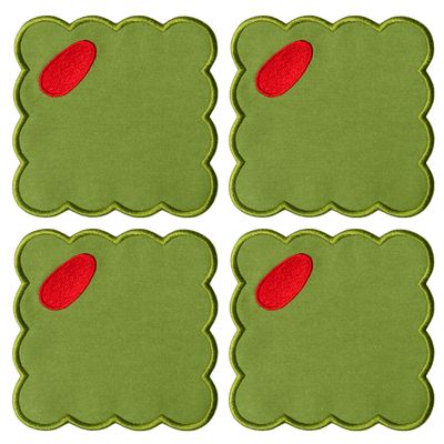Octaevo Olive Coasters (Set of 4): green linen, scalloped edges, red oval accents—stylish embroidered cocktail coasters.