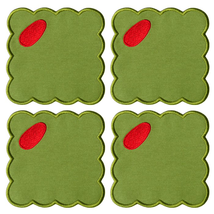Octaevo Olive Coasters (Set of 4): green linen, scalloped edges, red oval accents—stylish embroidered cocktail coasters.