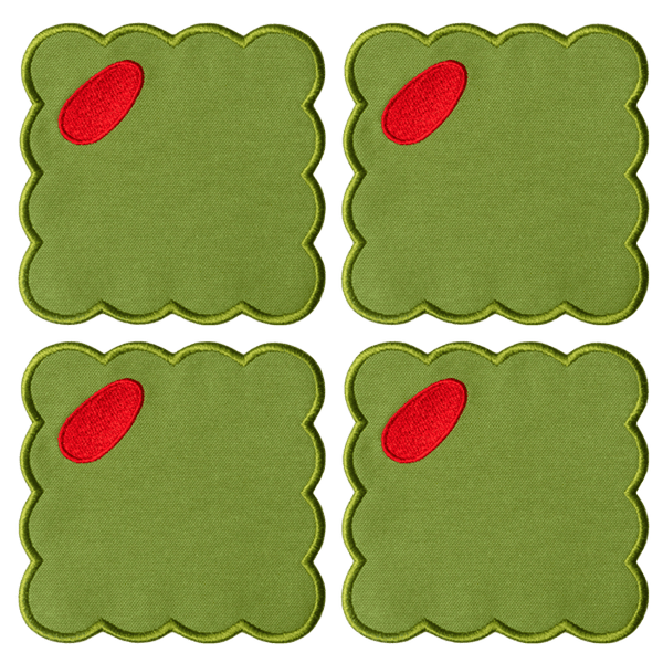 Octaevo Olive Coasters (Set of 4): green linen, scalloped edges, red oval accents—stylish embroidered cocktail coasters.