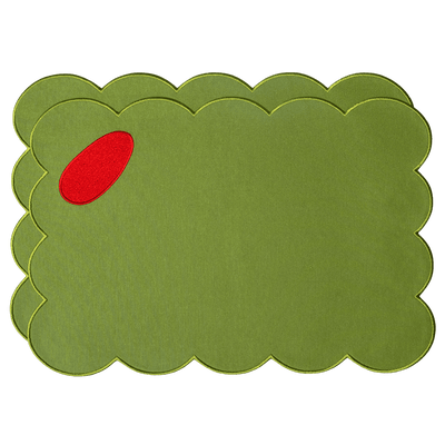 Octaevo Olive Placemats (Set of 2): Green linen-cotton with scalloped edges and red oval accent, perfect for your table.