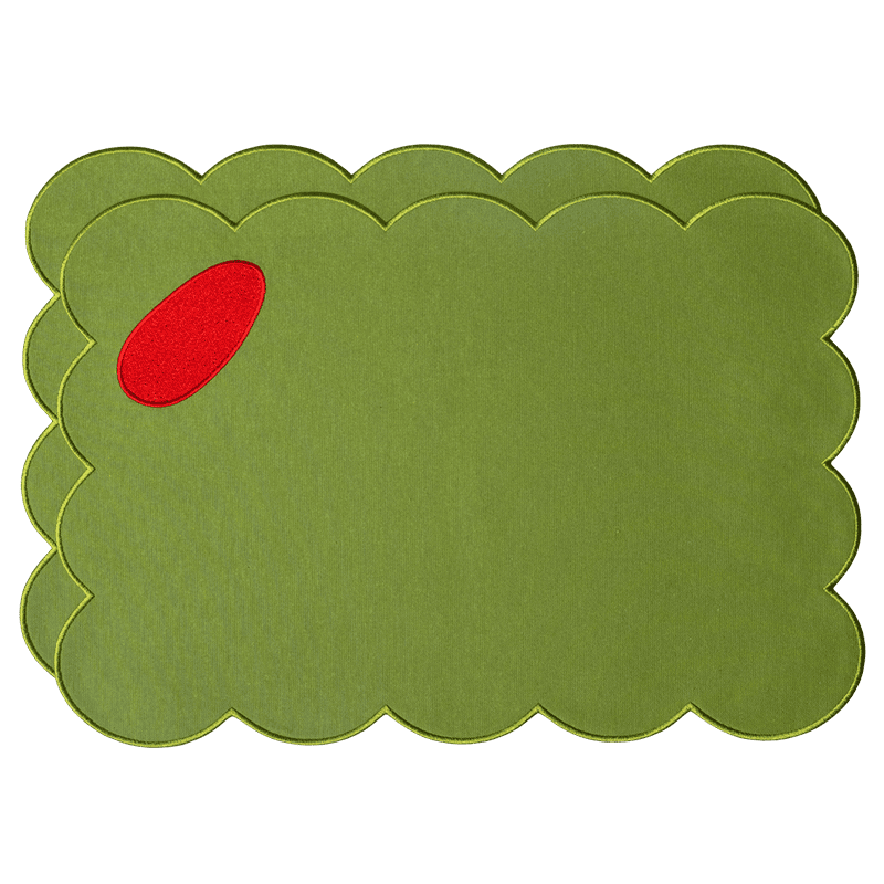 Octaevo Olive Placemats (Set of 2): Green linen-cotton with scalloped edges and red oval accent, perfect for your table.