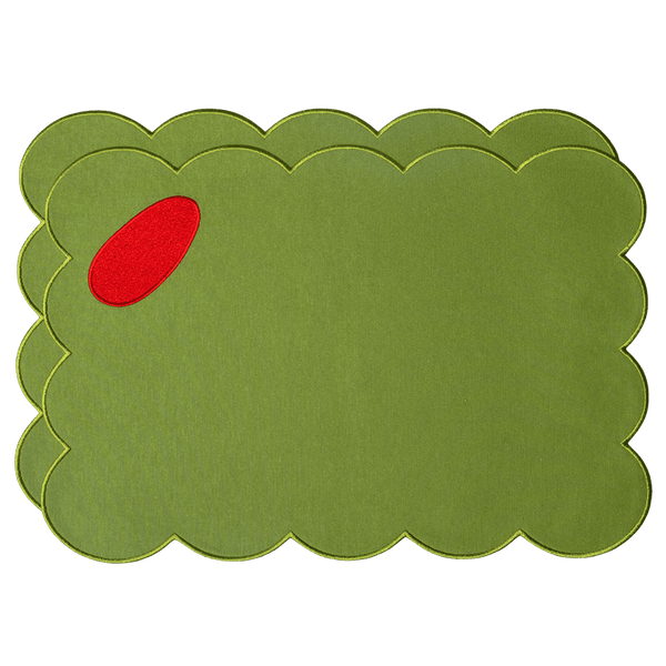 Octaevo Olive Placemats (Set of 2): Green linen-cotton with scalloped edges and red oval accent, perfect for your table.