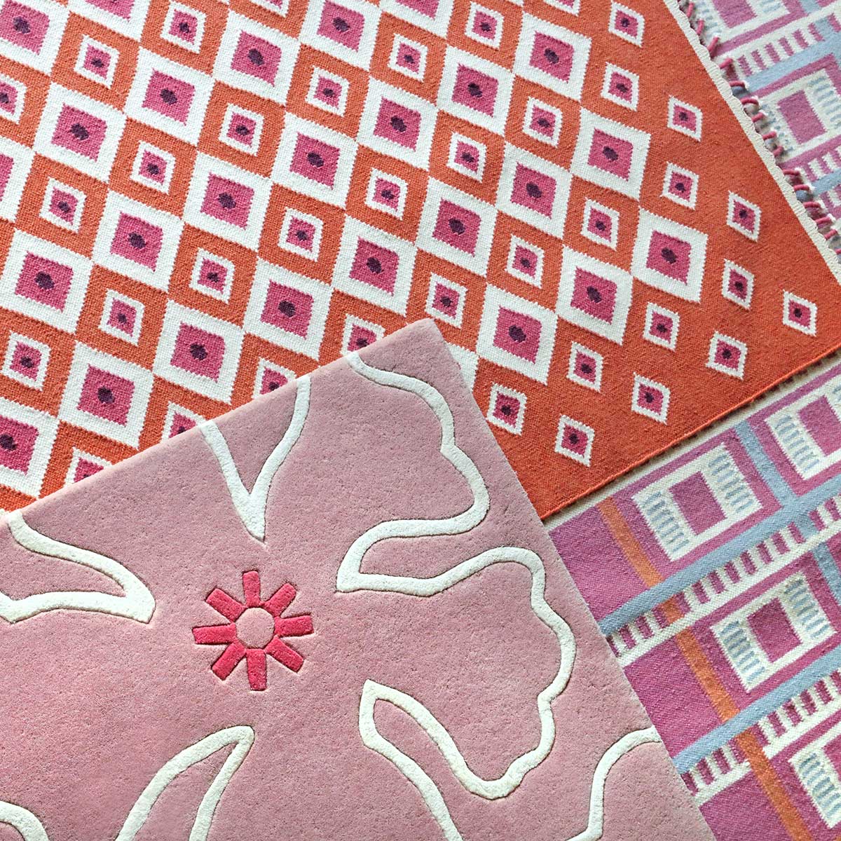 Orange Evil Eye Flatweave wool rug with pink rugs