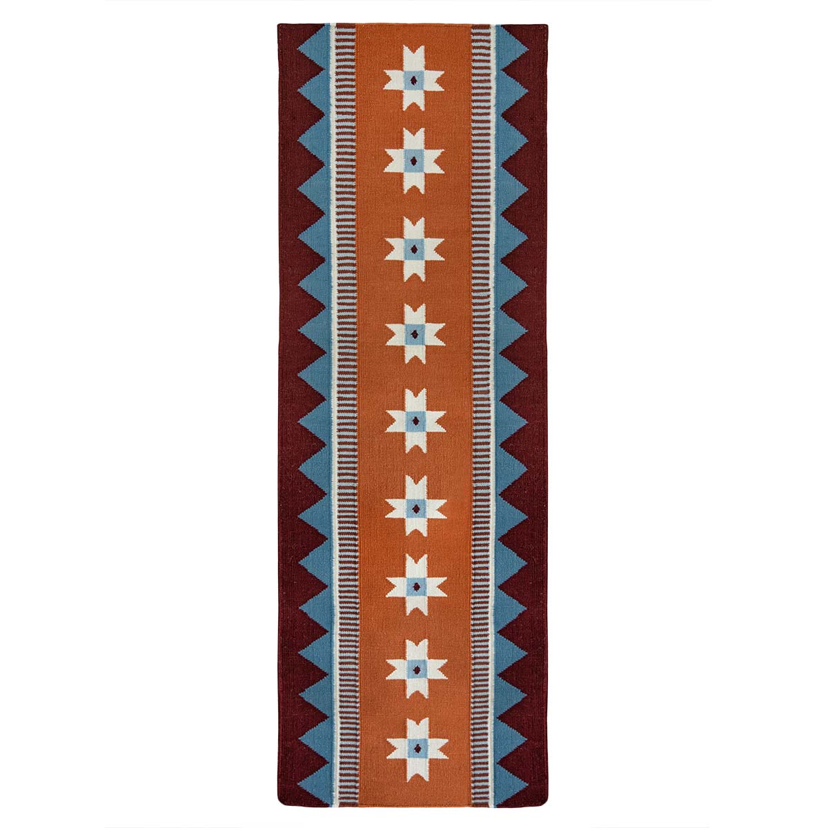 Orange runner rug handwoven from New Zealand wool with a geometric design of star motifs and a blue zig zag border inspired by Victorian tiles.