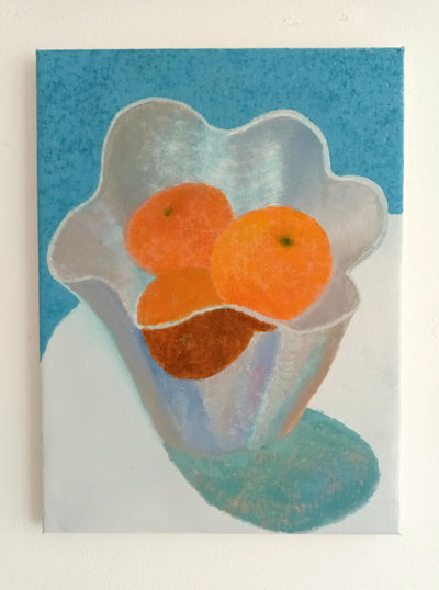 Oil painting of oranges in a glass bowl