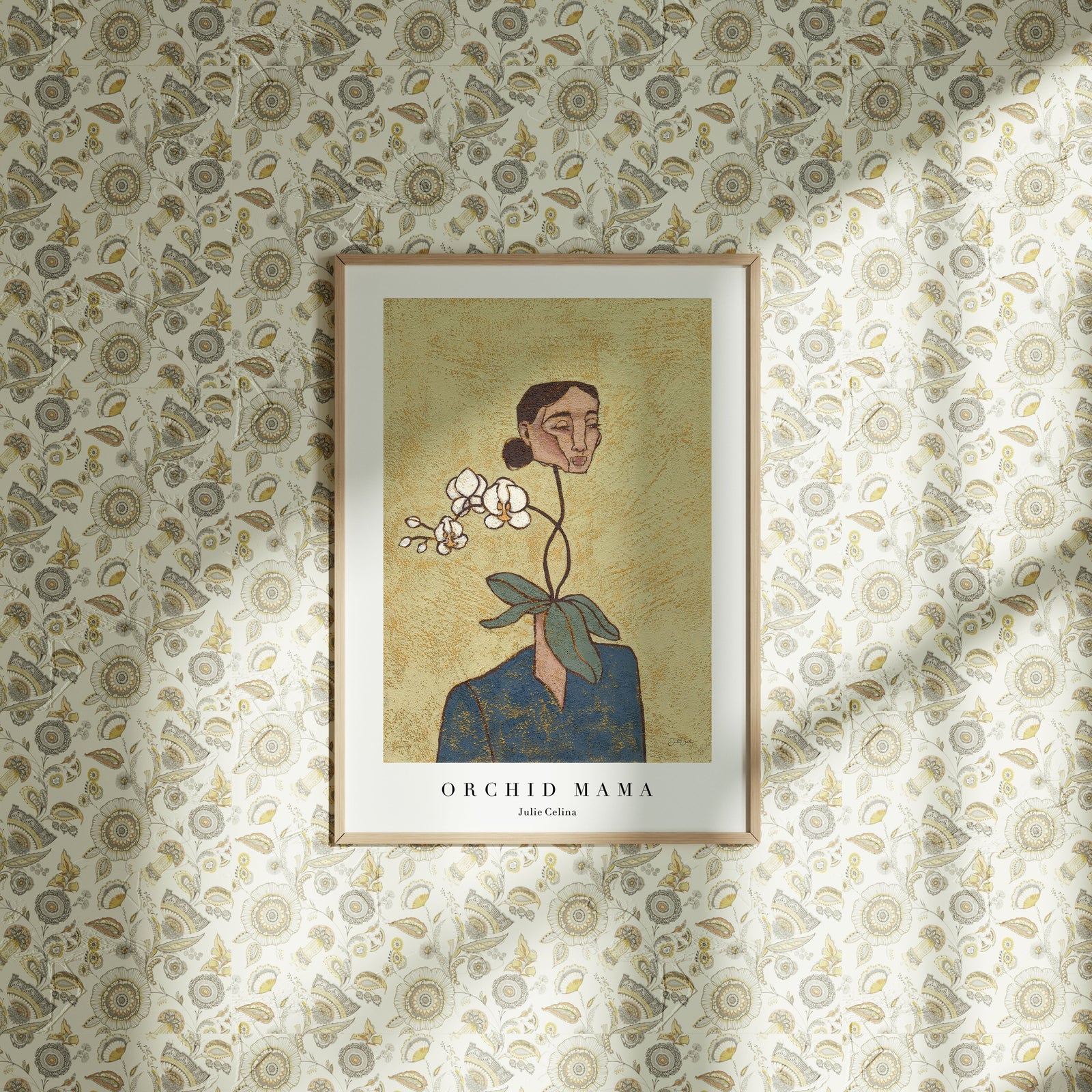 textured fine art print of a woman with an orchid flower instead of her neck