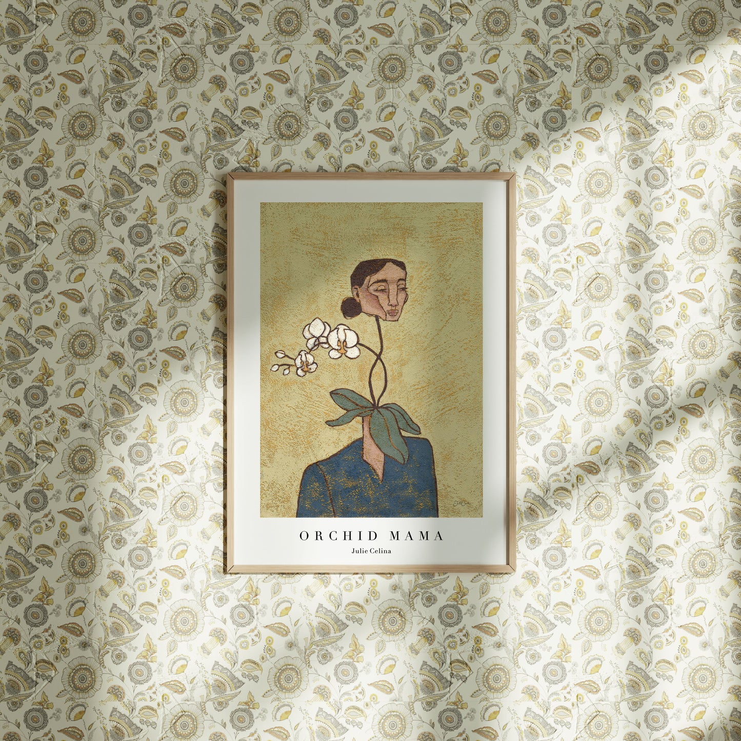textured fine art print of a woman with an orchid flower instead of her neck