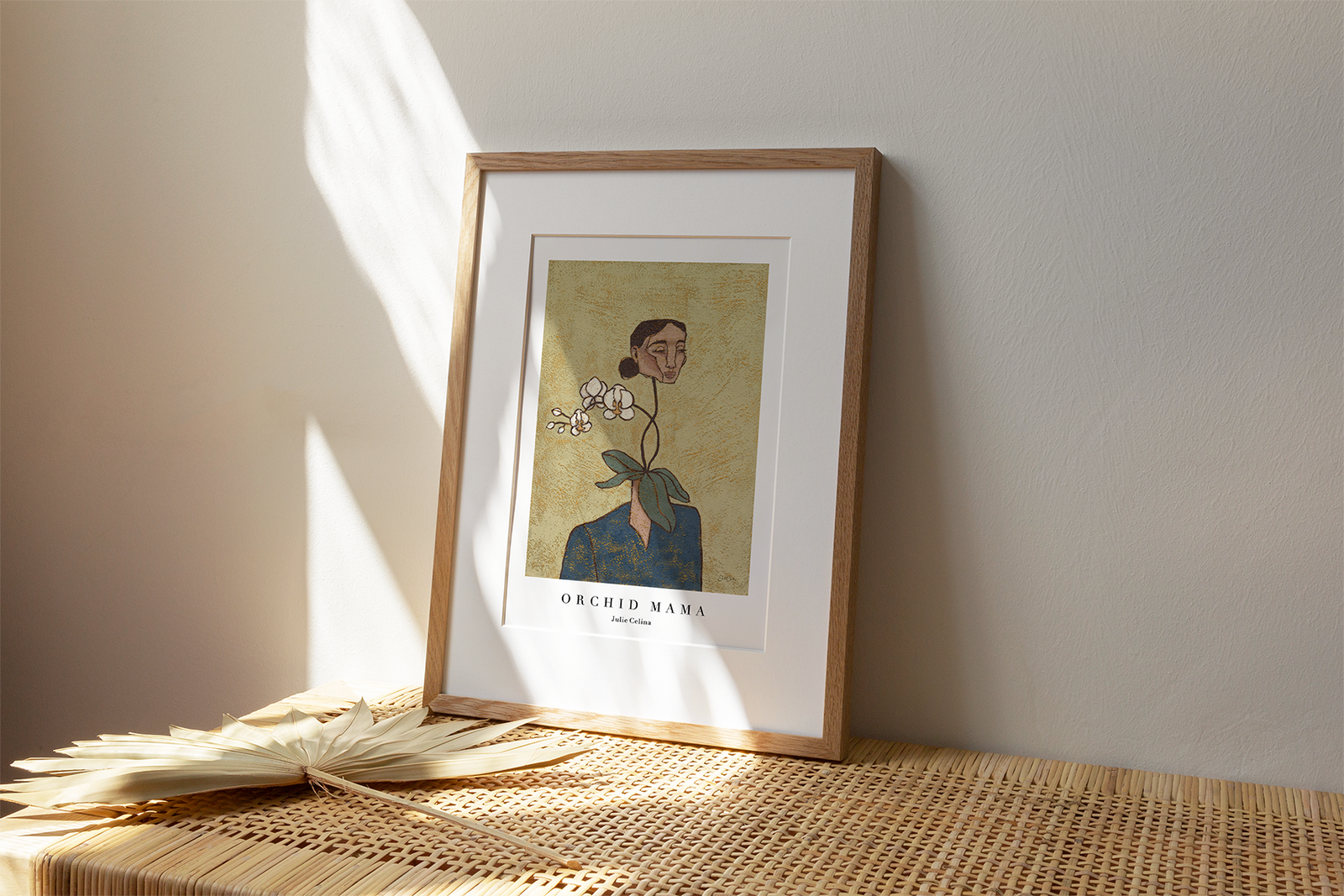 textured fine art print of a woman with an orchid flower instead of her neck
