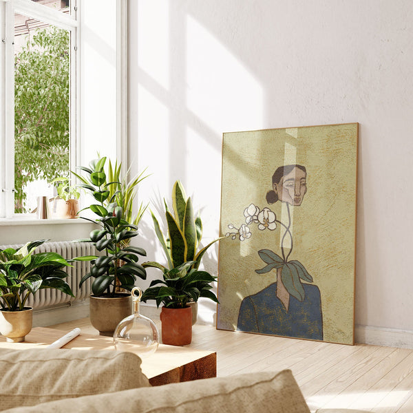 textured fine art print of a woman with an orchid flower instead of her neck placed in a livingroom