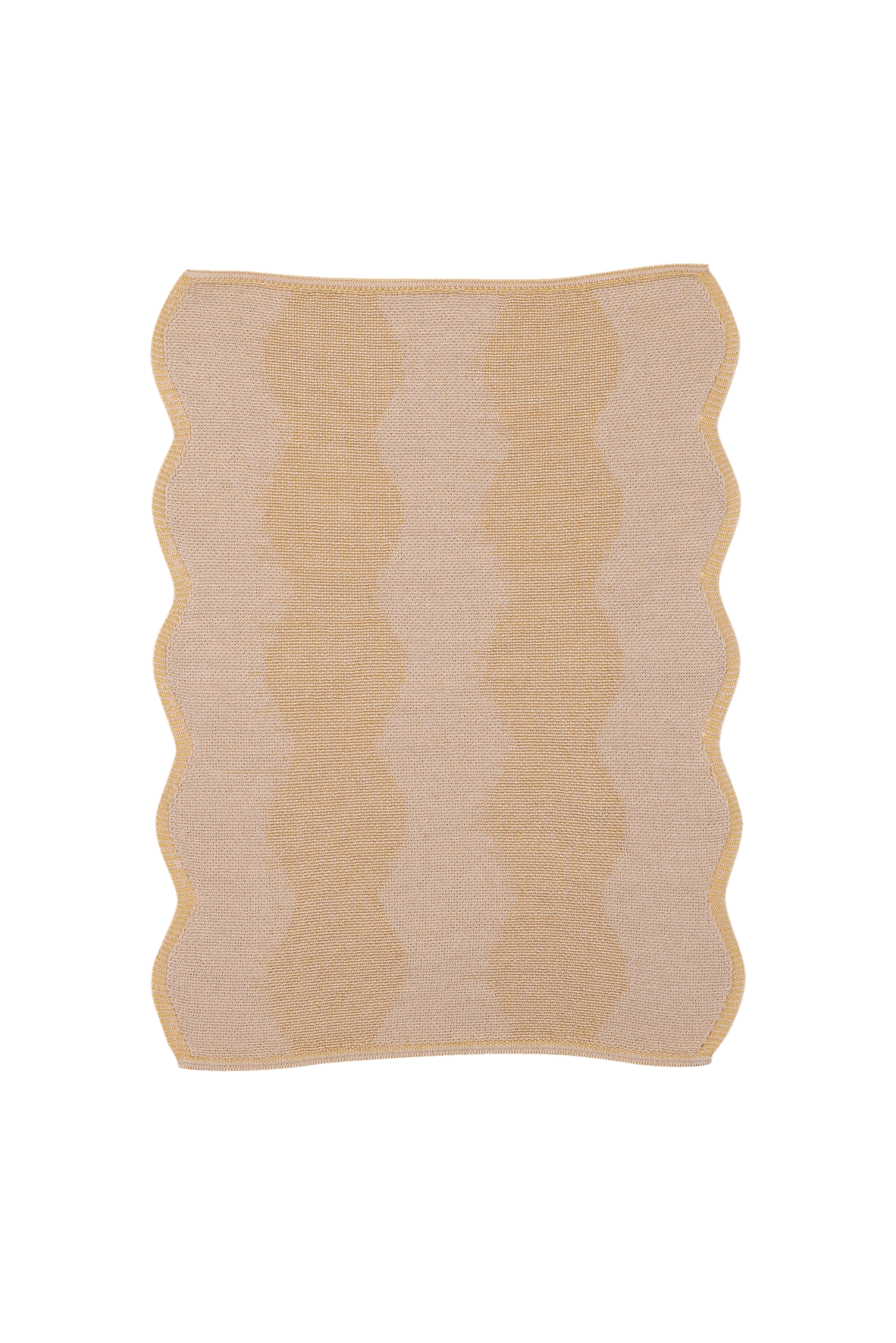 top view of beige and yellow knit organic cotton and hemp table mat with wavy pattern