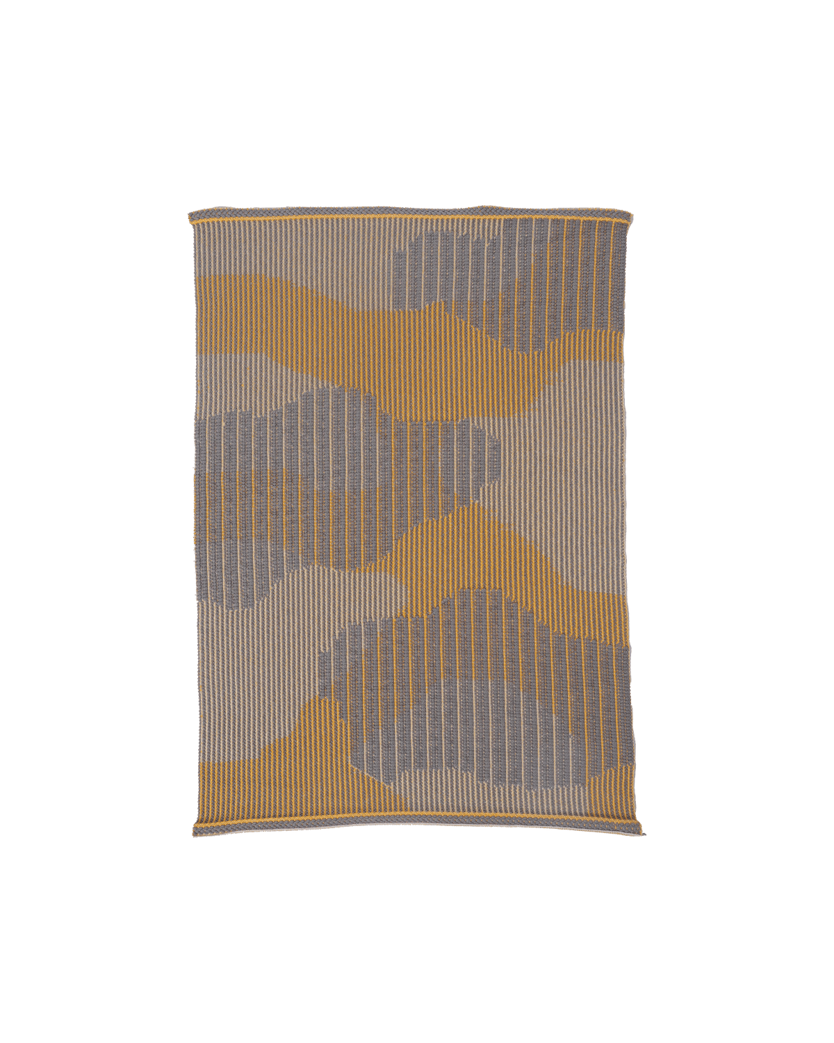 top view of yellow knit organic cotton table mat with abstract design
