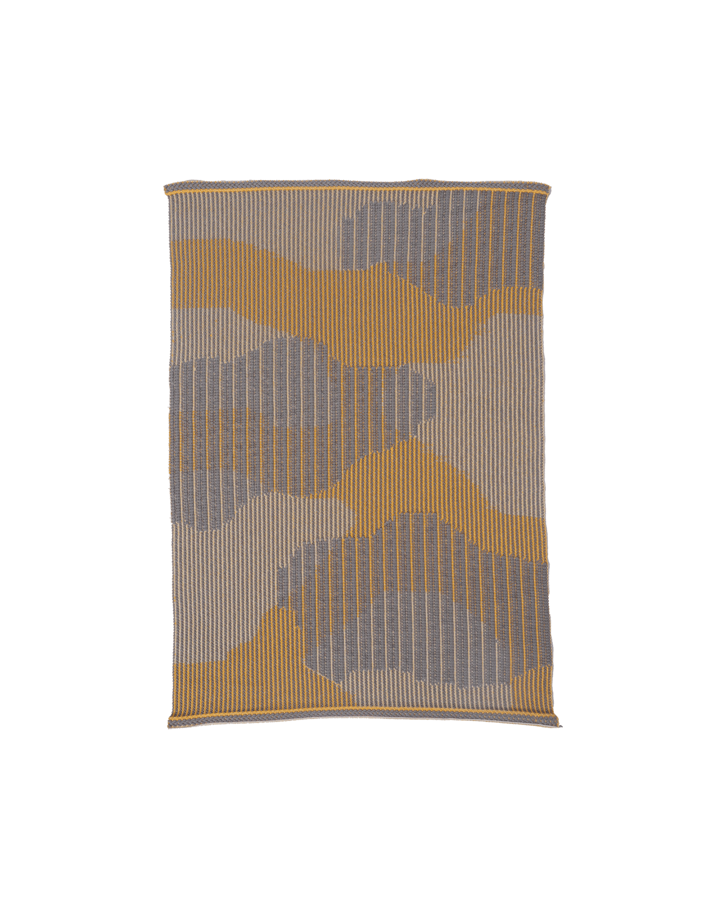 top view of yellow knit organic cotton table mat with abstract design