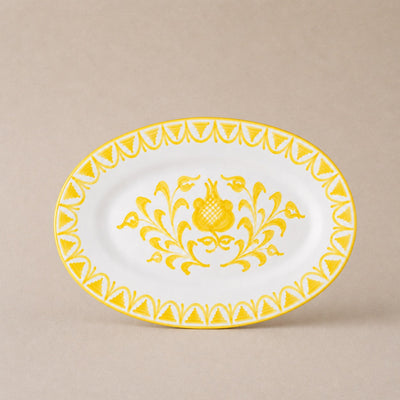 Decorative plate with yellow floral design on a beige background
