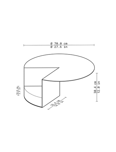 PAC Side Table - 450 line drawing showing round tabletop with a Pac-Man inspired cutout and dimensional measurements.