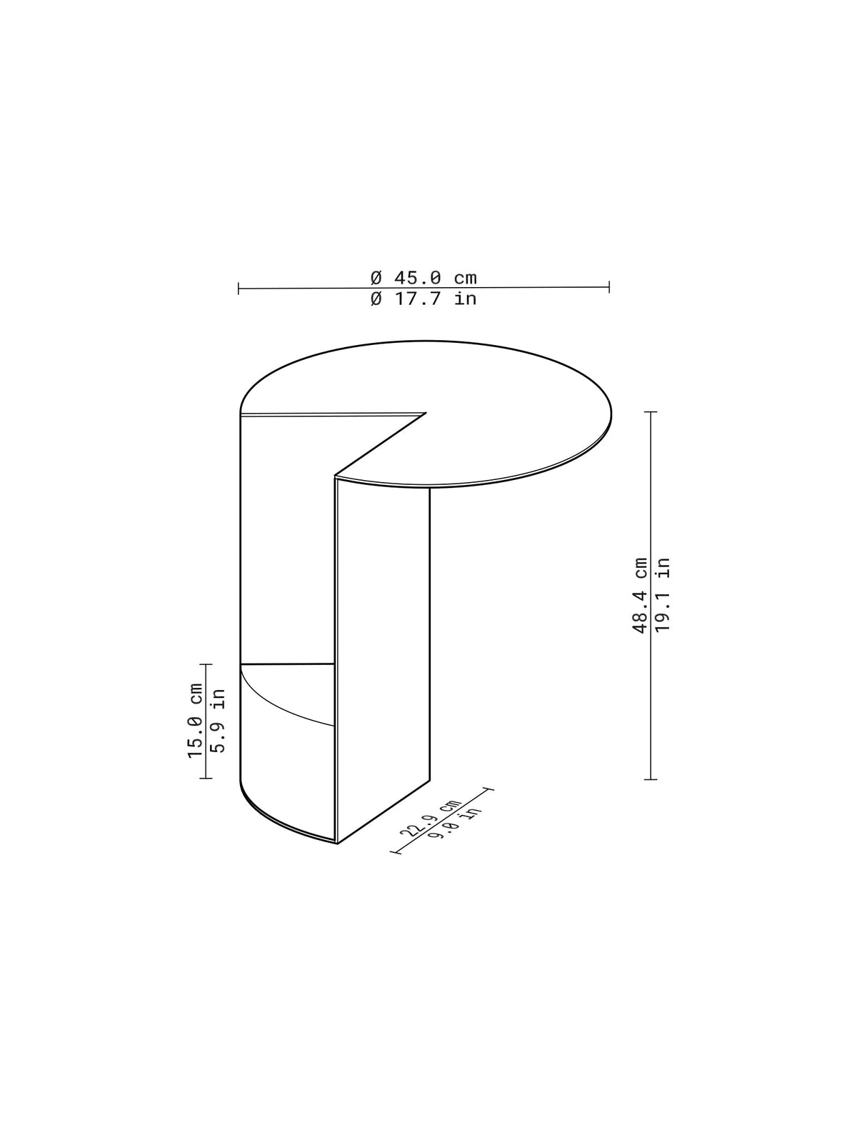 PAC Side Table - 700 with round tabletop inspired by Pac-Man, featuring aluminum surface and granite base, dimensions included.