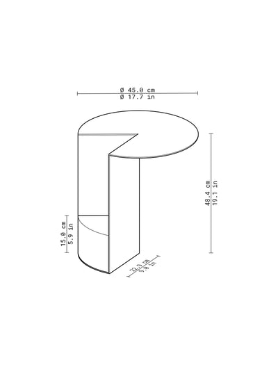 PAC Side Table - 700 with round tabletop inspired by Pac-Man, featuring aluminum surface and granite base, dimensions included.